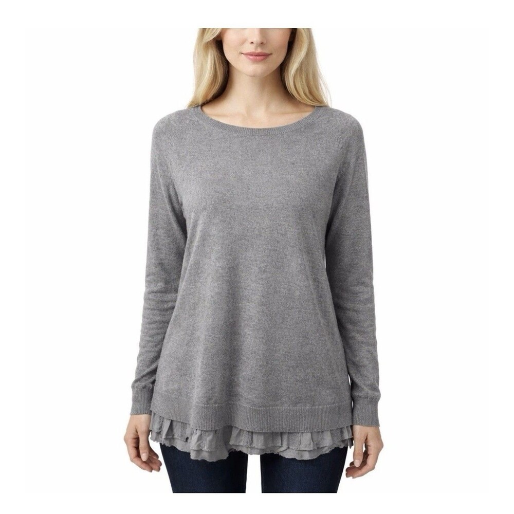 Garnet Hill Lace Trim Shirt tail 100% Cashmere Sweater Green/Gray Whimsy Size M